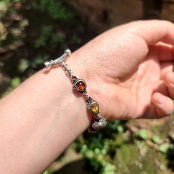 Handmade Sterling Silver Toggle Bracelet with Multi Gemstones and Ornate Detail - Picture 11 of 12